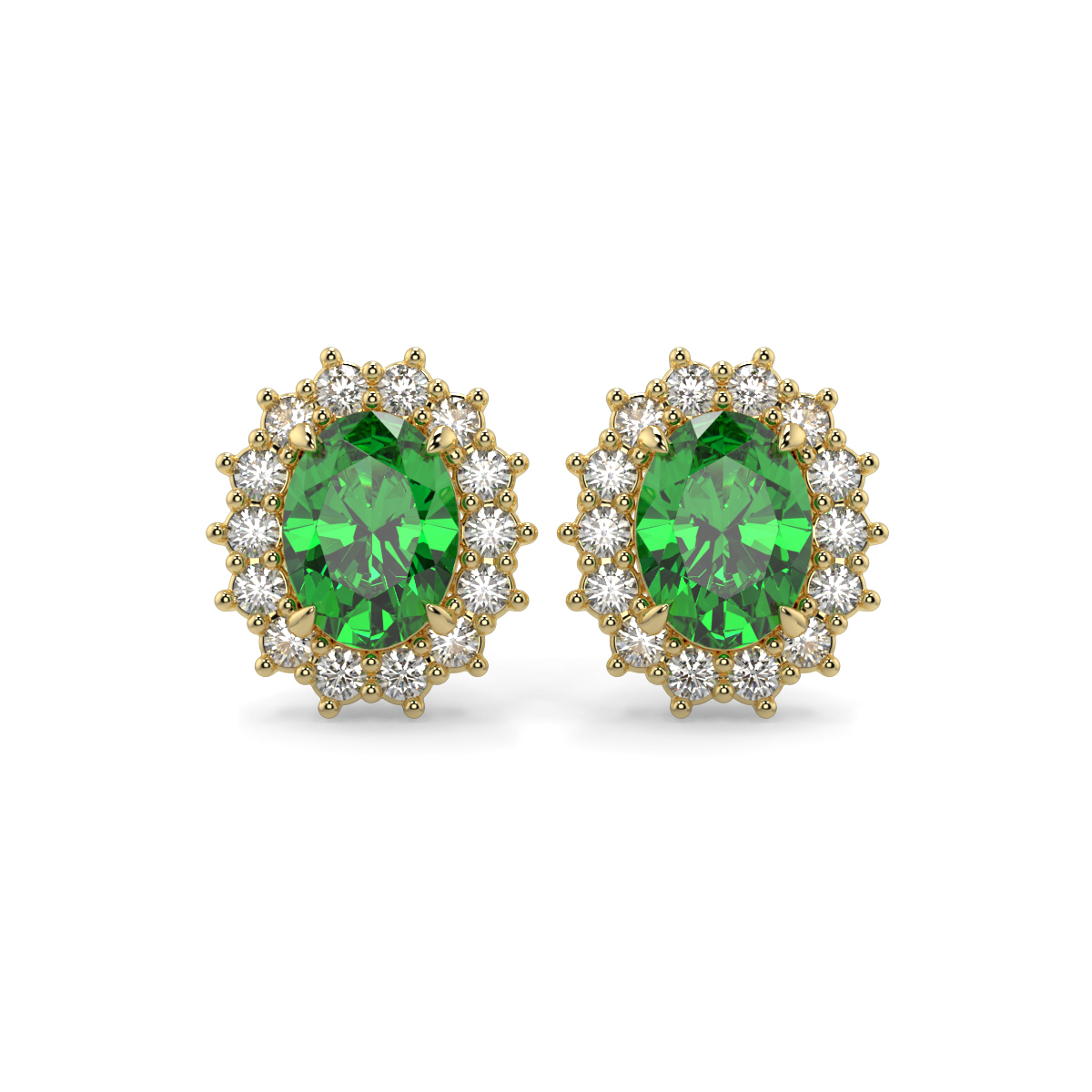 Emerald and Diamond Lady Diana Halo Earrings Yellow Gold - CAMILLE